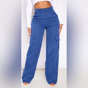 PRETTYLITTLETHING size 4 Blue SHAPE INDIGO BUCKLE DETAIL CARGO WIDE LEG PANTS